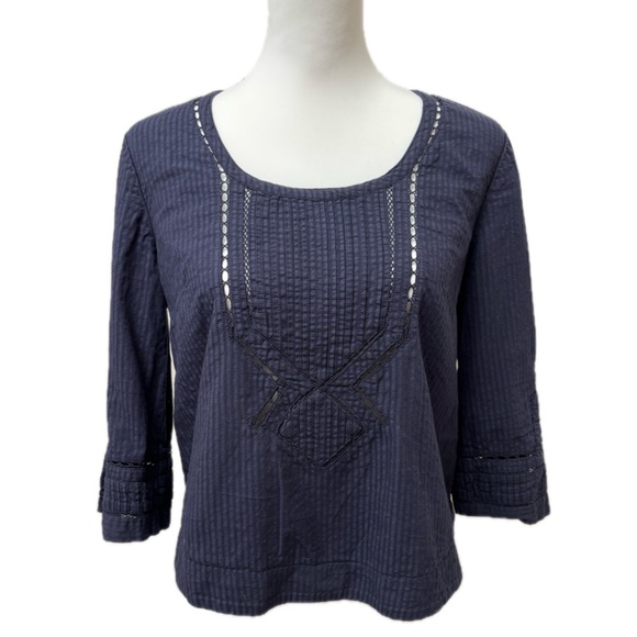 Anthropologie Moulinette Soeurs navy blue size 6 seersucker eyelet bohemian boxy - Picture 2 of 16